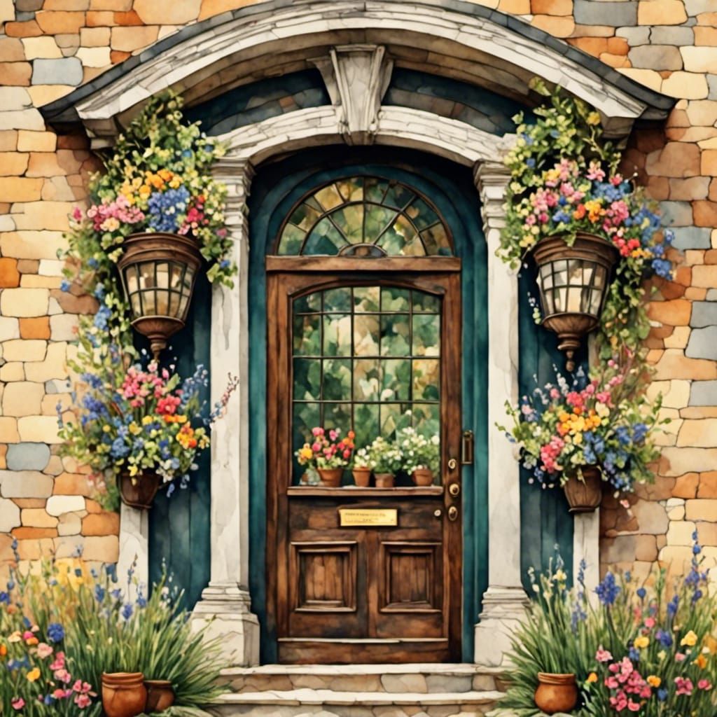 Vintage Home and Garden Watercolor Doorway