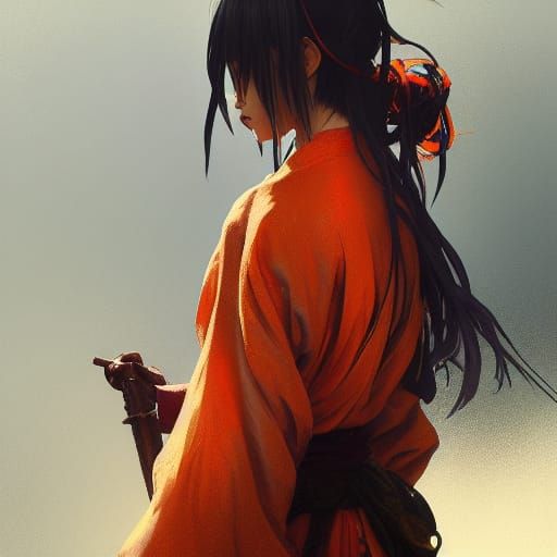 Samurai Warrior Concept Art in Orange and Teal