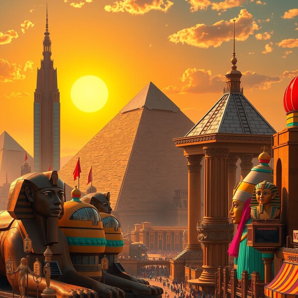 Vibrant Art Deco Metropolis Under Golden Sunlight