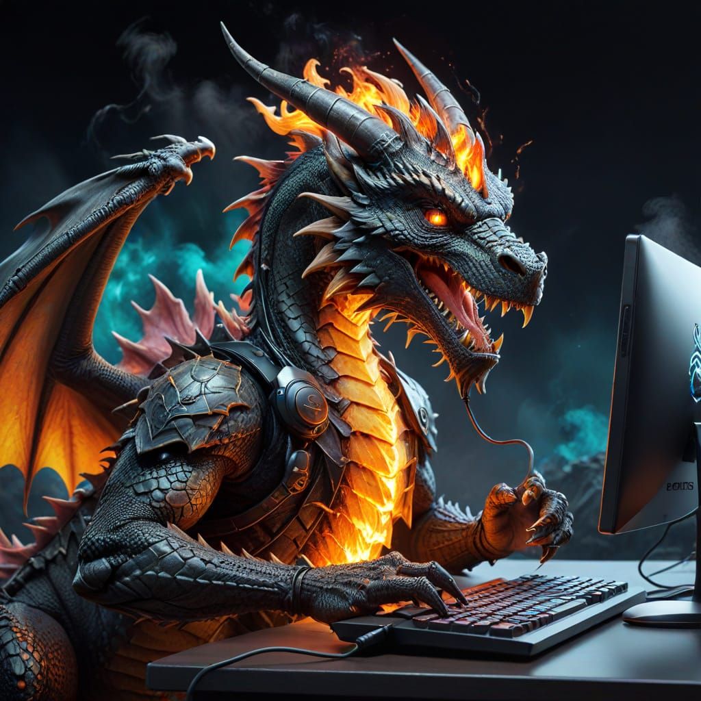 Dragon Gamer with Fiery Crest Plays Computer Games