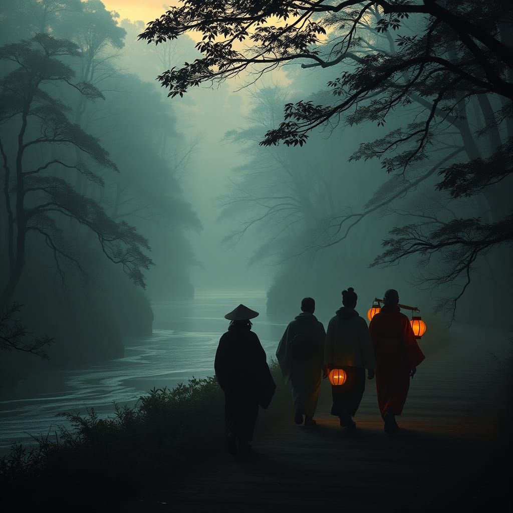 Silhouetted Travelers with Lanterns in Japanese Forest