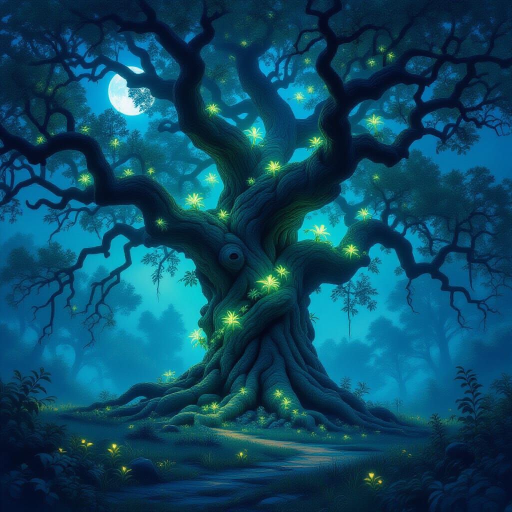 Ethereal Oak Tree with Bioluminescent Flora in Dreamlike For...