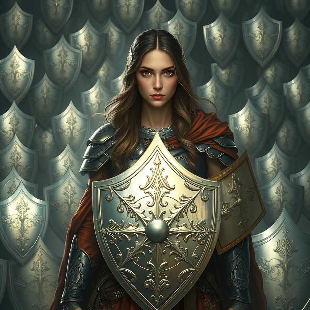 Warrior Maiden Surrounded by Gleaming Shields