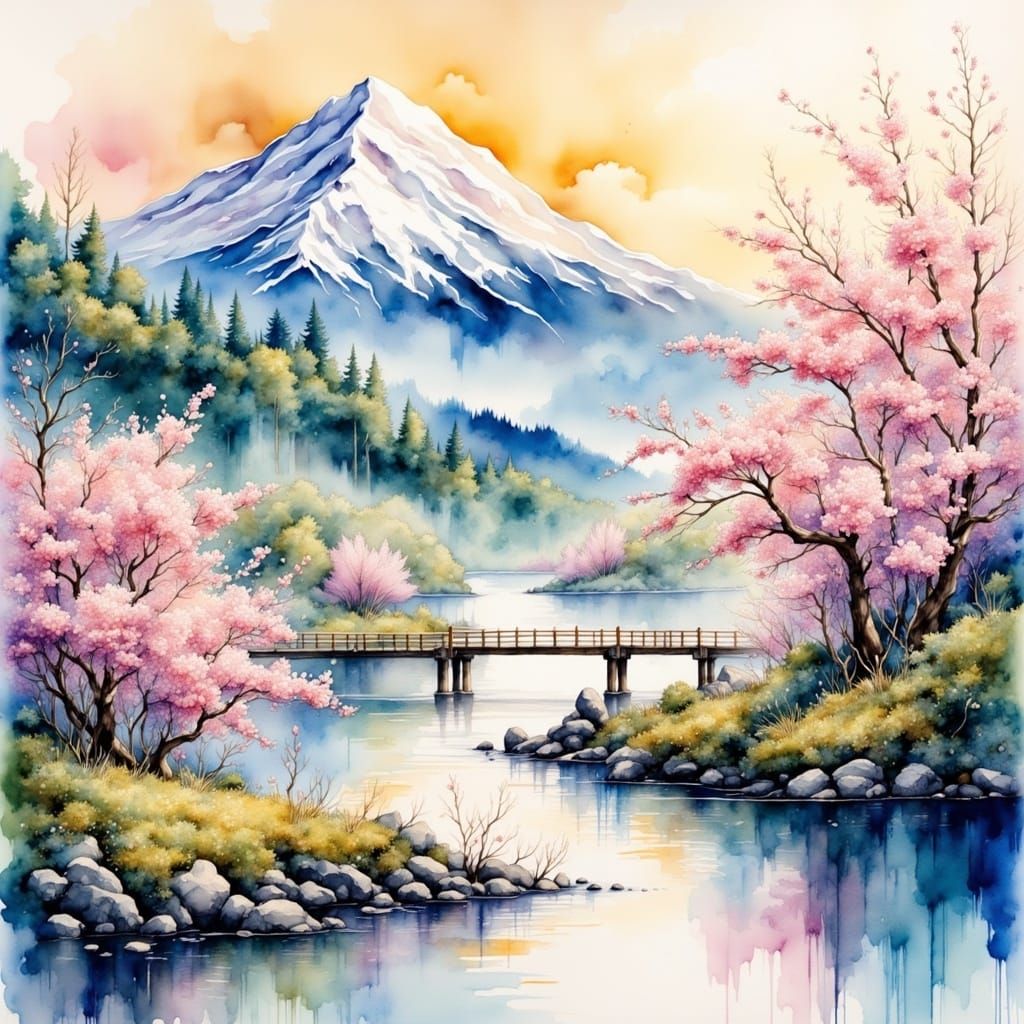 Serene Japanese Landscape with Cherry Blossoms and Snow-Capp...