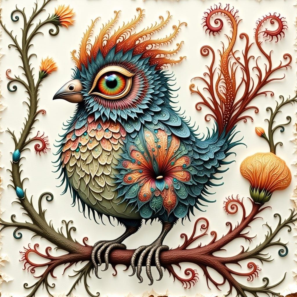 Exquisite Botanical Drawing of Intricate Bird in Whimsical, ...