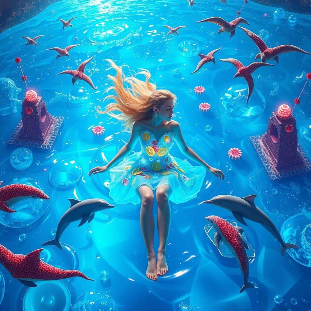 Woman on Soda Sea: Futuristic Neon Dreamscape