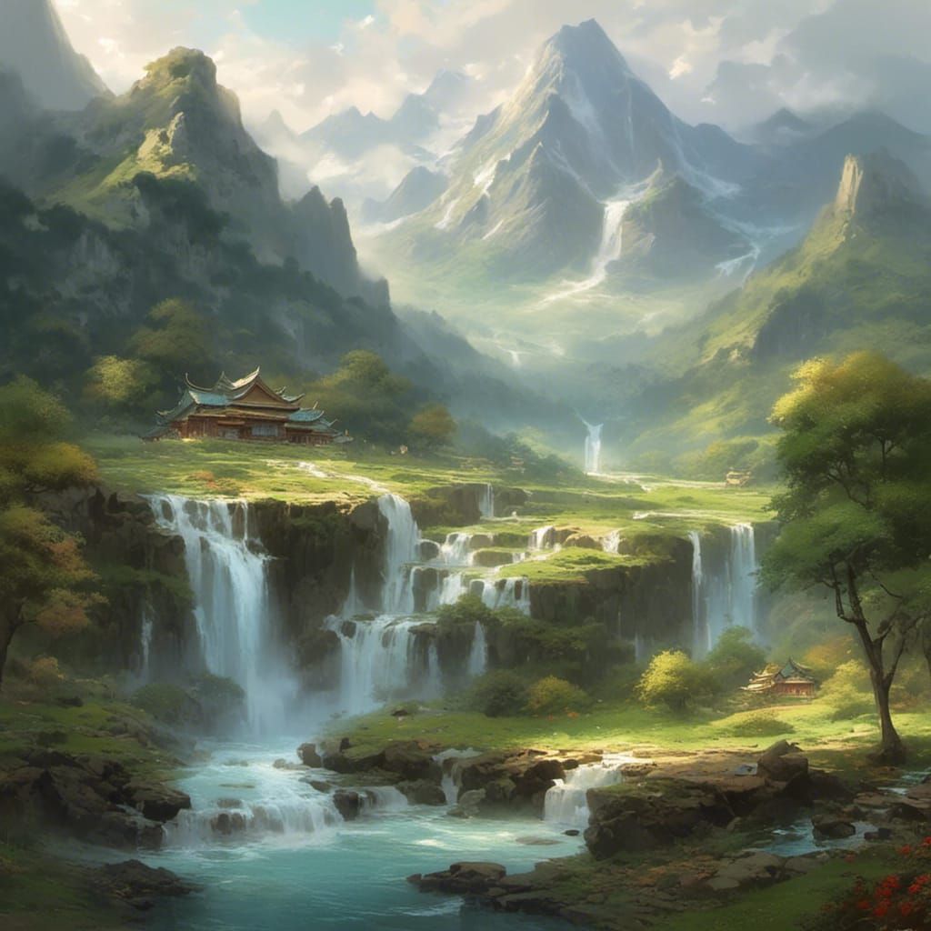 Fantasy Anime Waterfall and Mountains