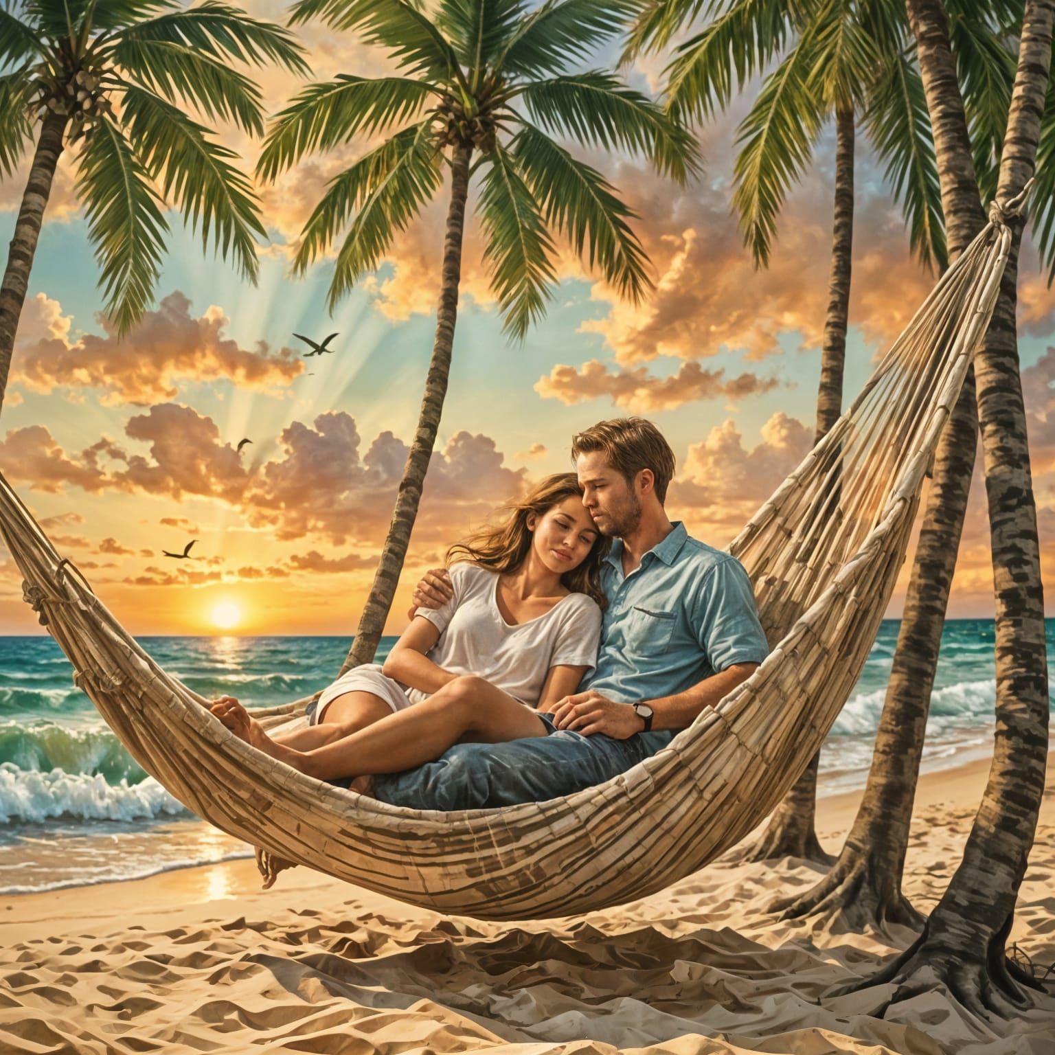 Romantic Beach Hammock Illustration in Encaustic Style