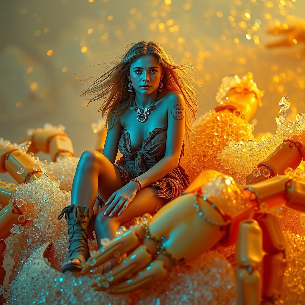 Woman on Gummy Crab in Effervescent Sea