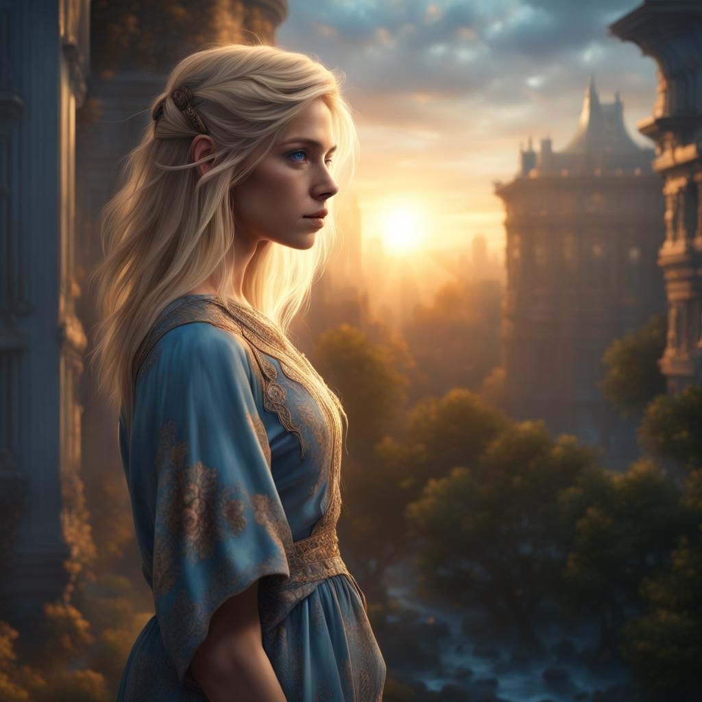 Blue-Eyed Girl at Sunrise: Digital Matte Painting