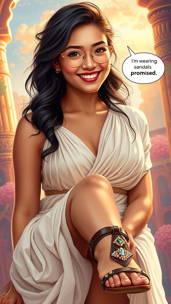 Enigmatic Filipina Goddess in Roman Toga, Wearing Sandals as...