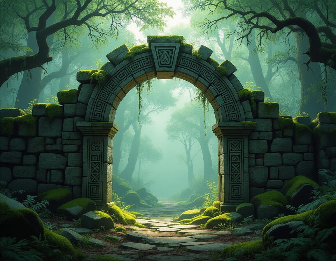 Misty Forest Archway with Ancient Geometric Patterns