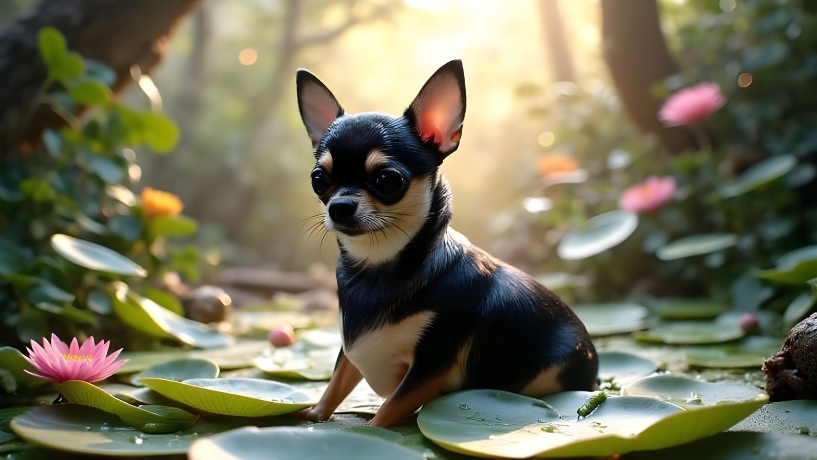Chihuahua on Lily Pad in Ethereal Fantasy Forest