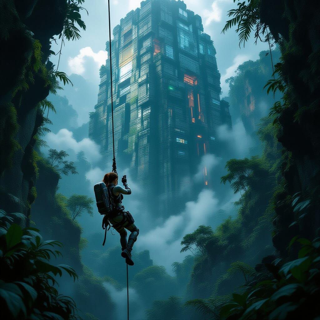 Lara Croft Rappels in Bioluminescent Jungle