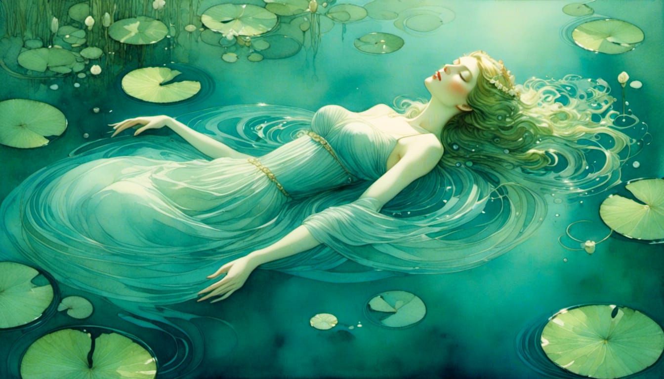 Bioluminescent Nymph Emerges: Vintage Watercolor Portrait