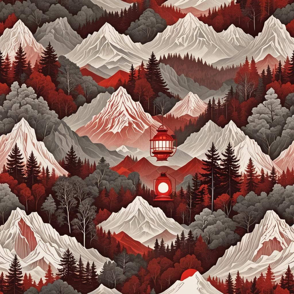 Minimalist Mountain Forest in Lantern, Surreal Vector Art