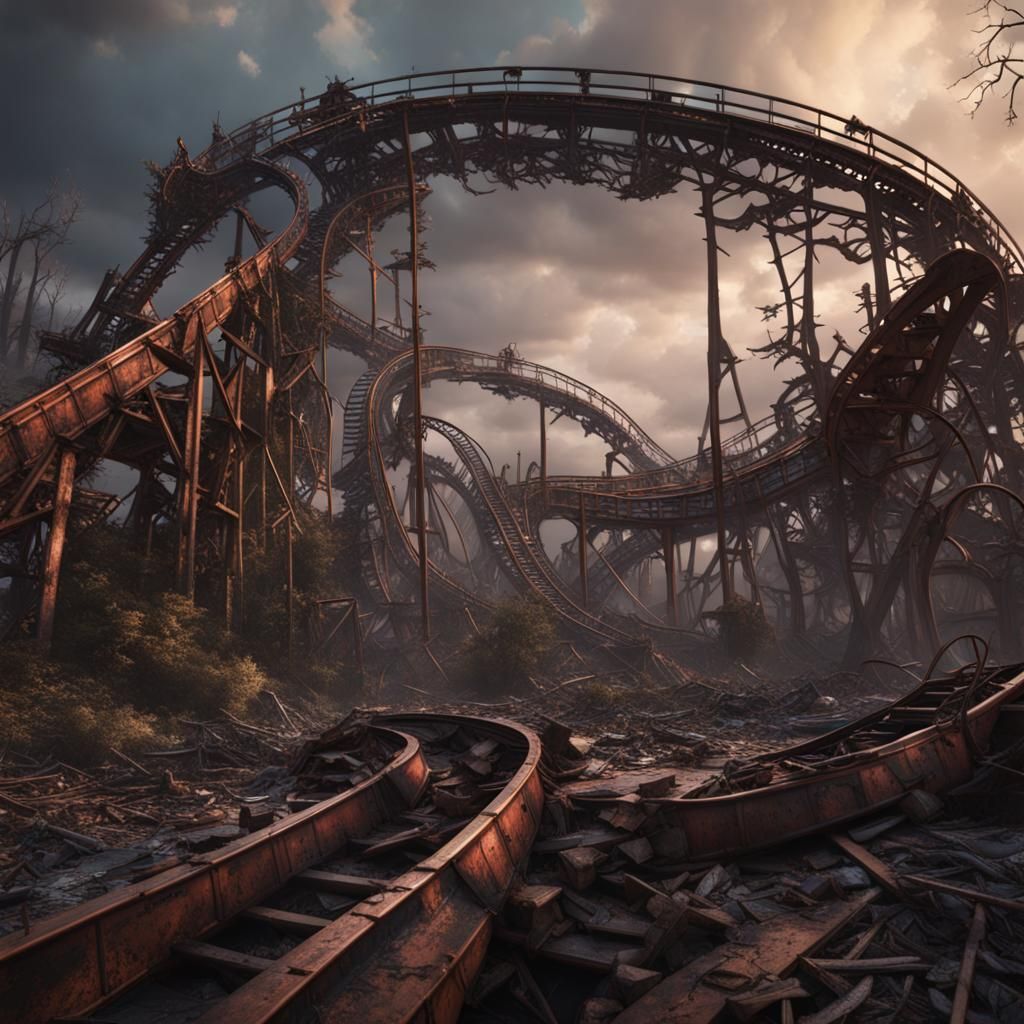 Haunted Rollercoaster Crash in Detailed Matte Painting