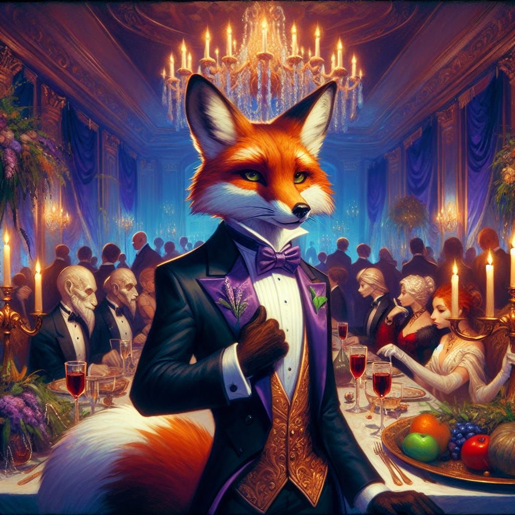 Anthropomorphic Fox in Tuxedo at Grand Dinner Party