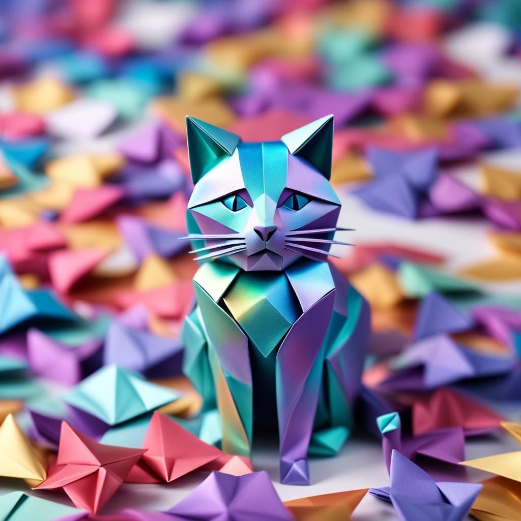 Iridescent Origami Cat Papercraft in 8K