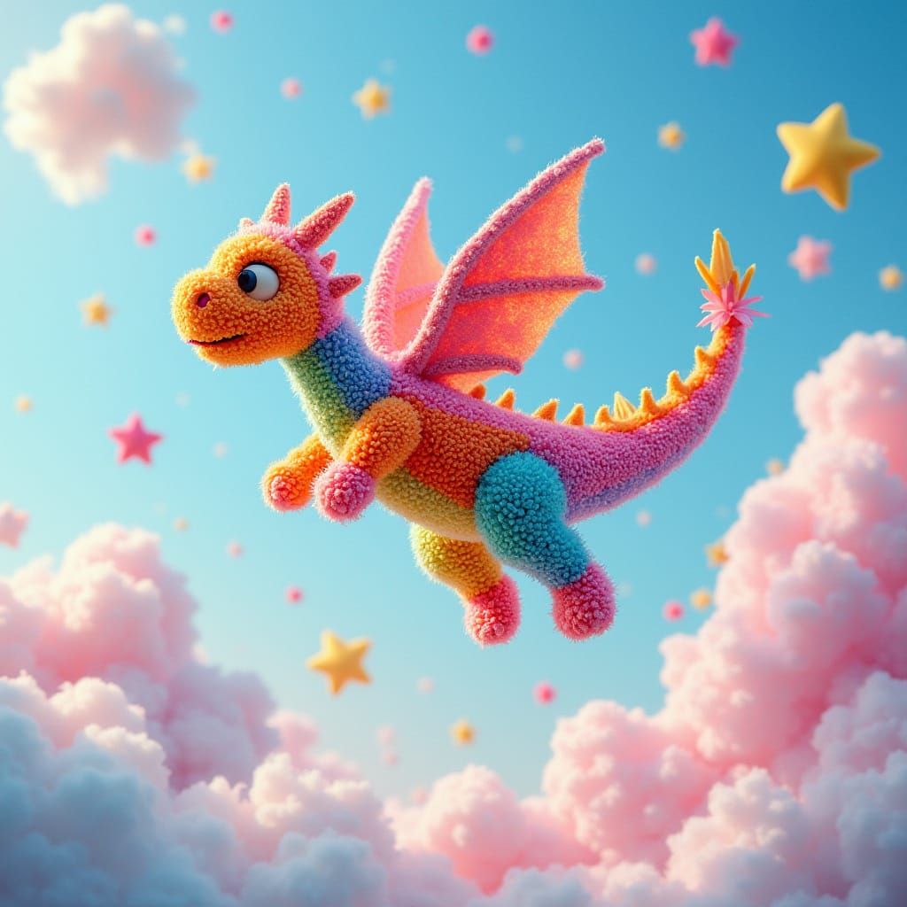 Pom Pom Dragon Soaring Through Candy Sky