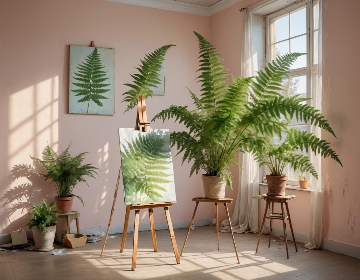 Fern Plant in Sunny Room with Easel