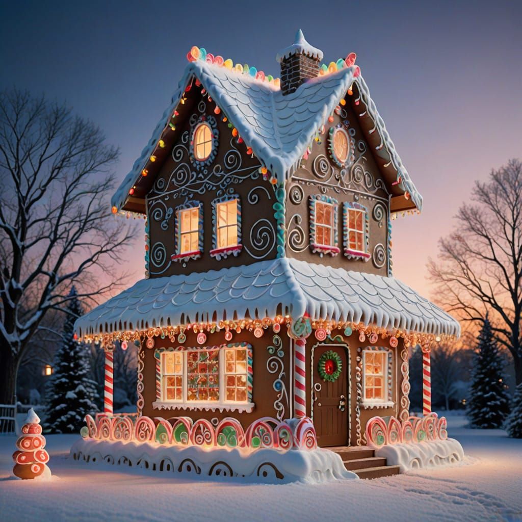 Whimsical Gingerbread House Under Twinkling Christmas Lights