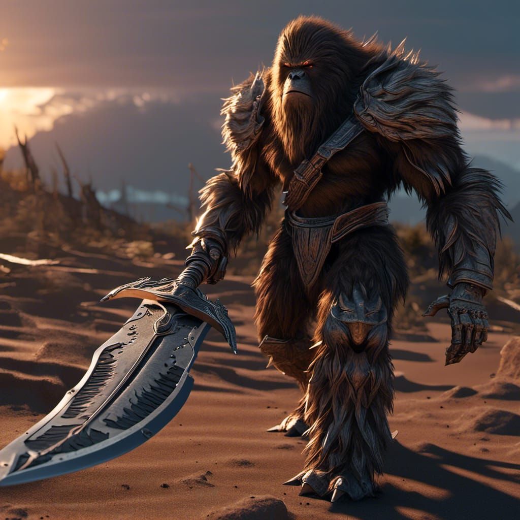 Sci-Fi Sasquatch with Sword in Cinematic Sunset