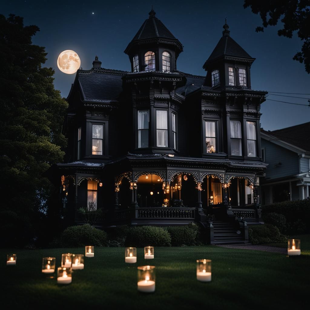 Victorian House at Night with Full Moon