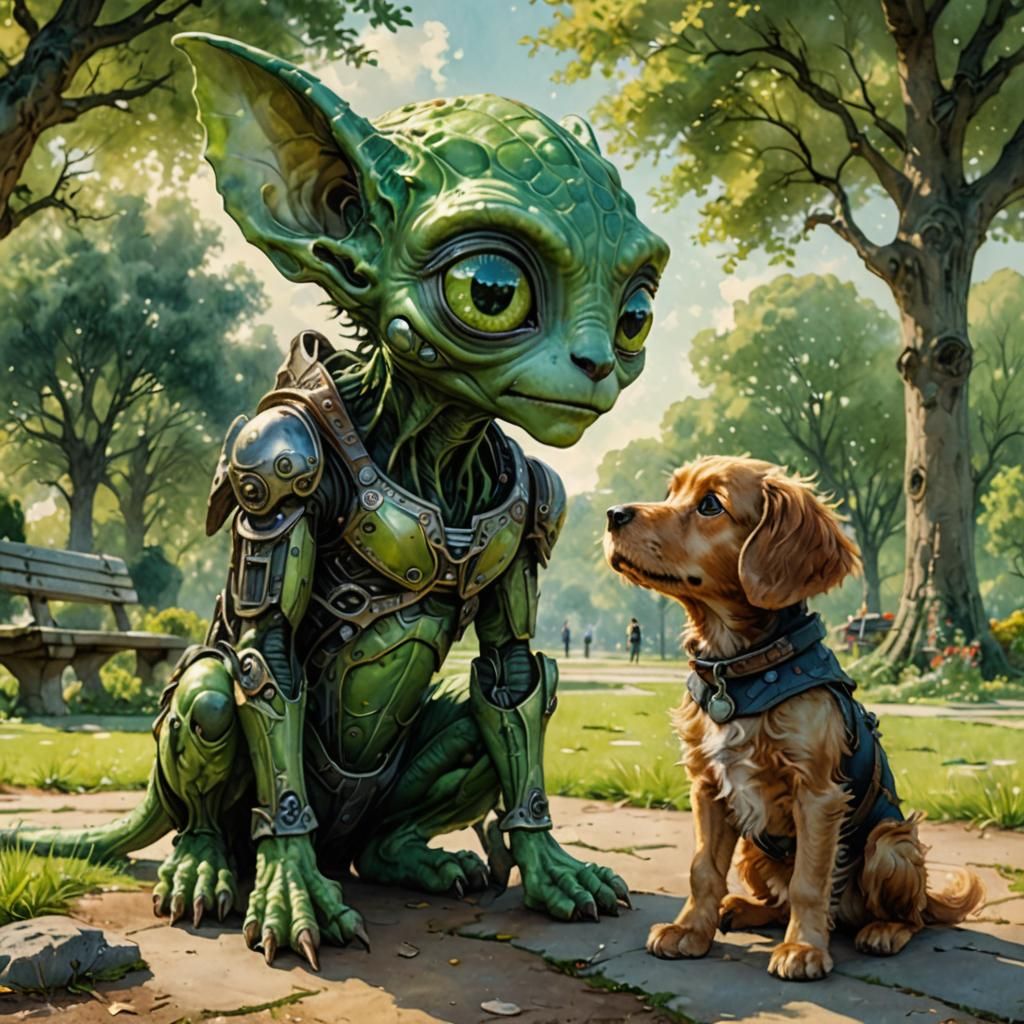 Alien and Dog in Park: Watercolor Illustration