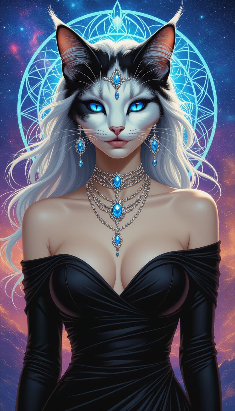 Calico Catwoman in Cosmic Parkinson and Brom Style