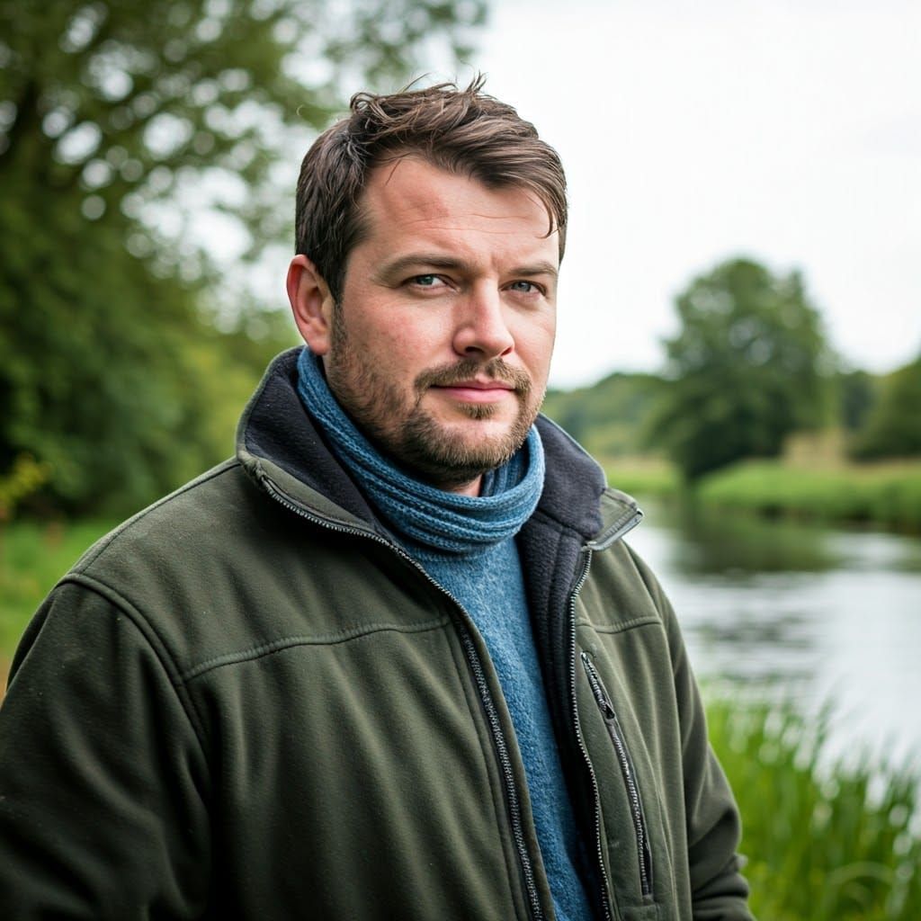 Man Fishing on a Country Riverbank in Photorealistic Style