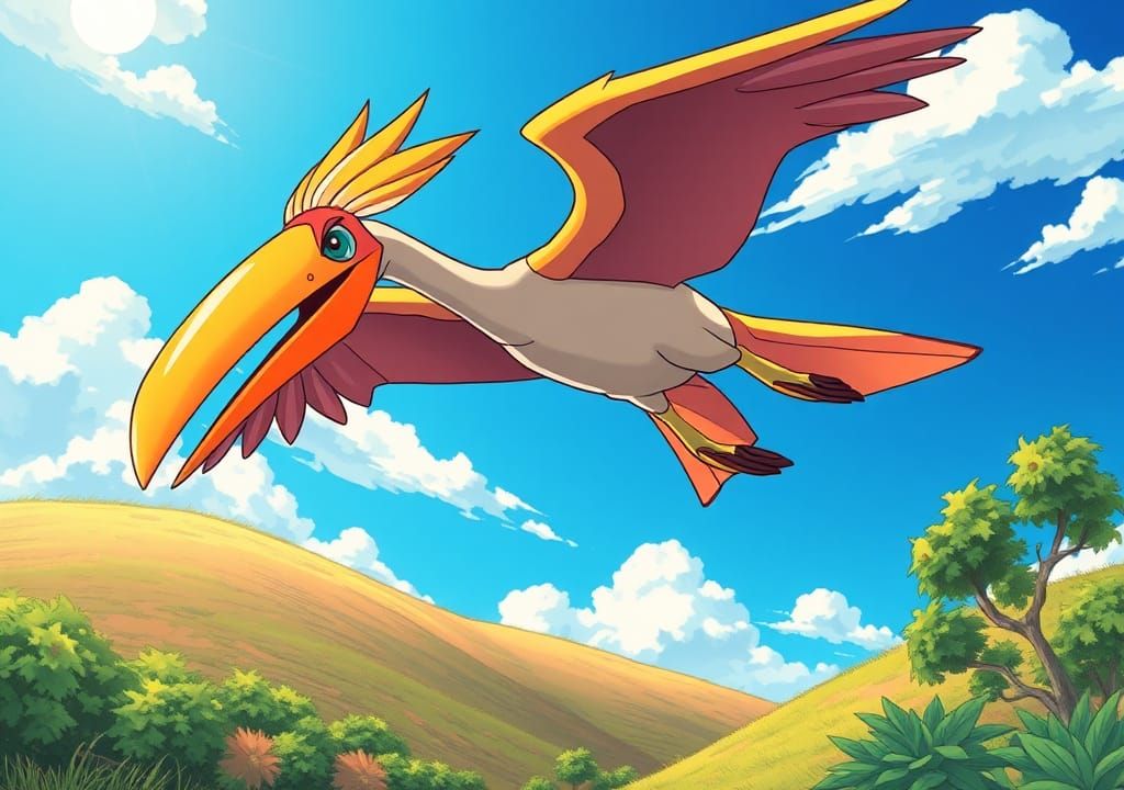 Majestic Prehistoric Pokémon in Flight: Vibrant Illustration