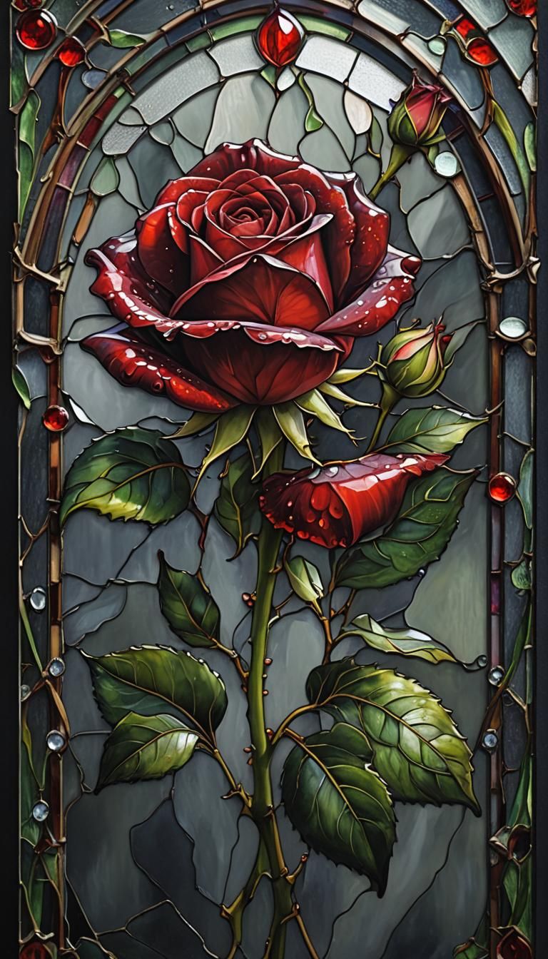 Red Rose with Dewdrops in Art Nouveau Style