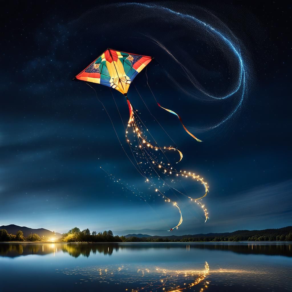 Magical Kite Flight Over Moonlit Lake at Night
