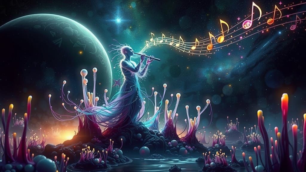Ethereal Space Musician: A Bioluminescent Humanoid in Cosmic...
