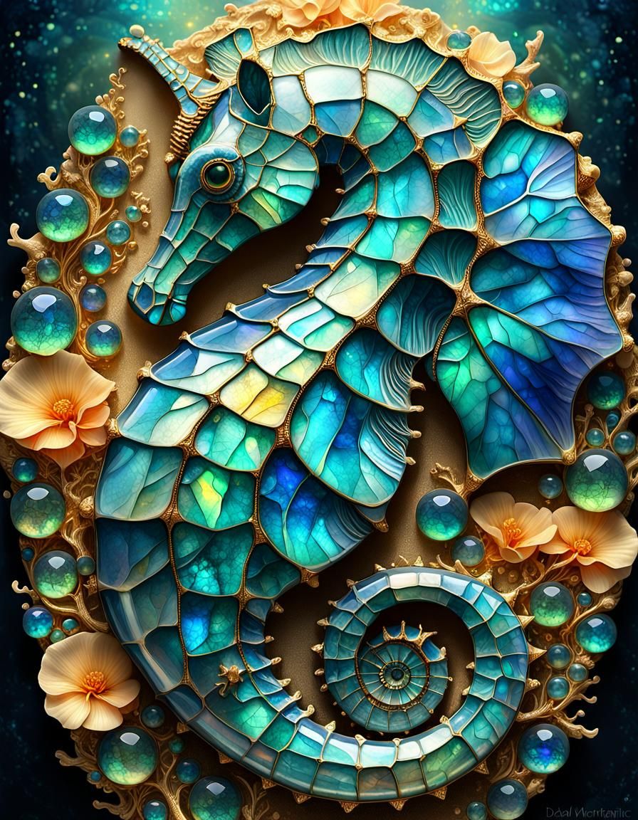 Labradorite and Opal Kintsugi Seahorse in Art Nouveau Style