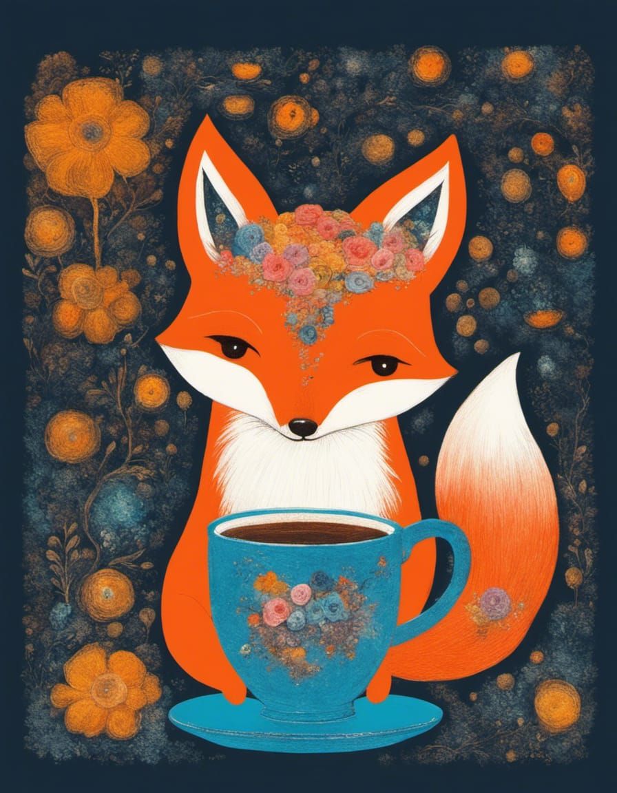Coffee Fox with flowers. 🌸