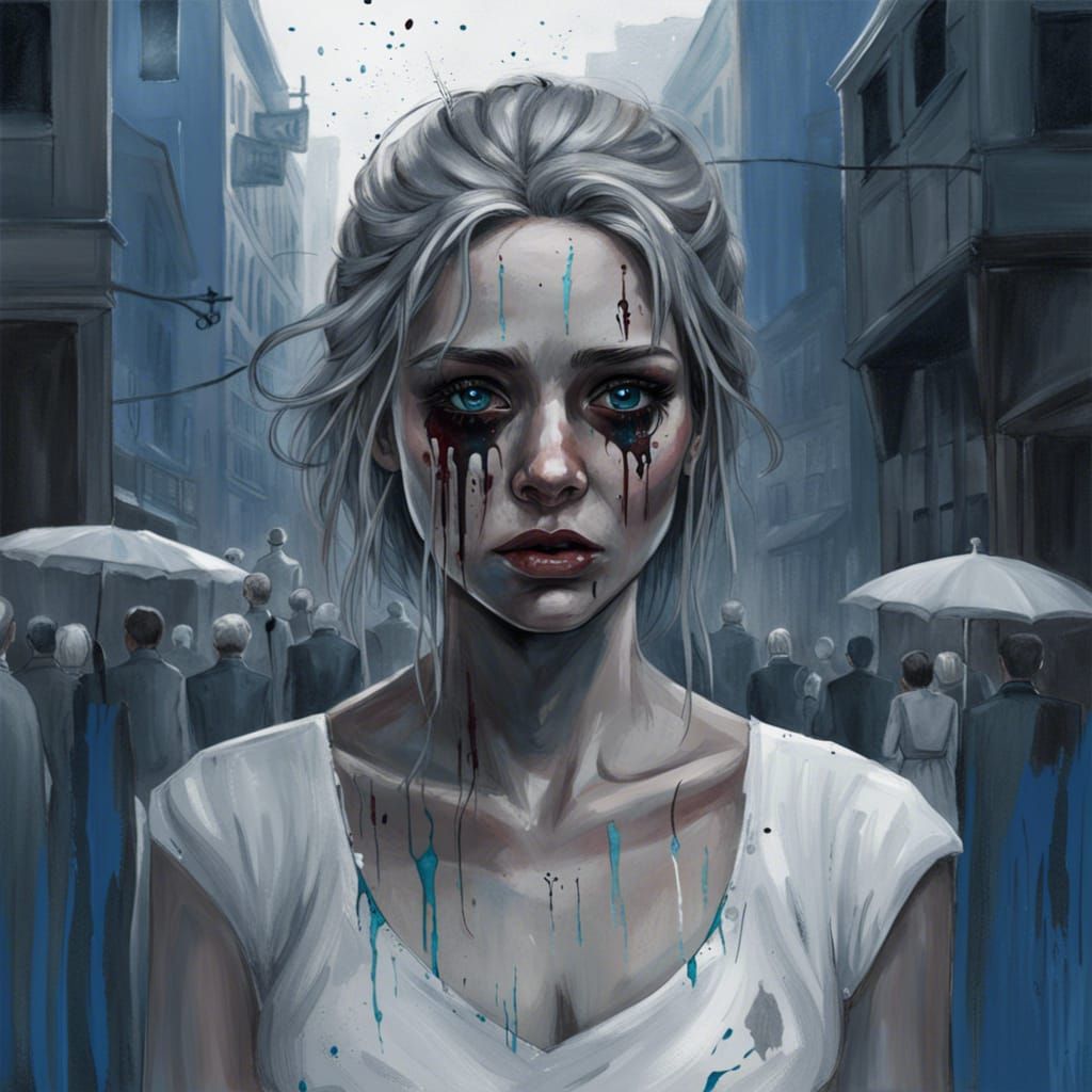 Lost Woman in Grey City: Hyperrealistic Splash Art