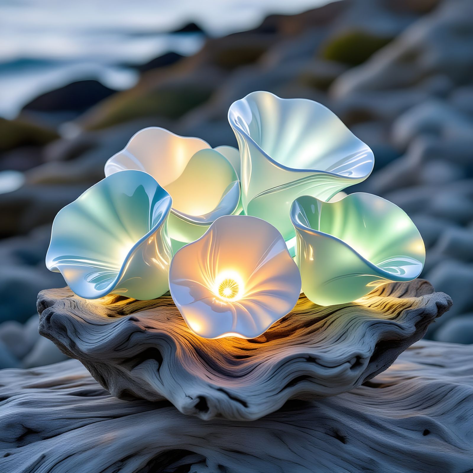 Luminescent Sea Glass Sculptures on Driftwood