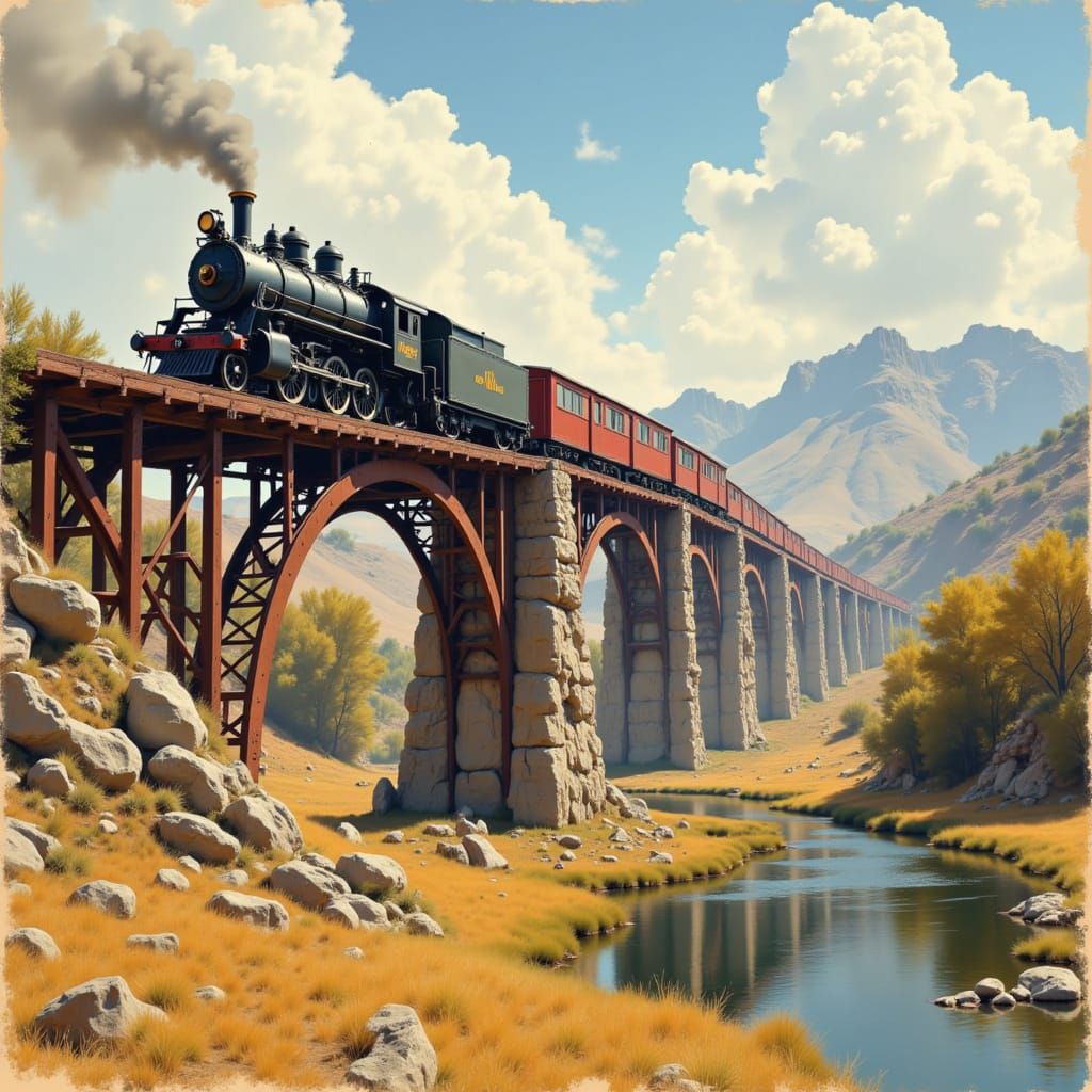 Wild West Steam Train Watercolor Landscape