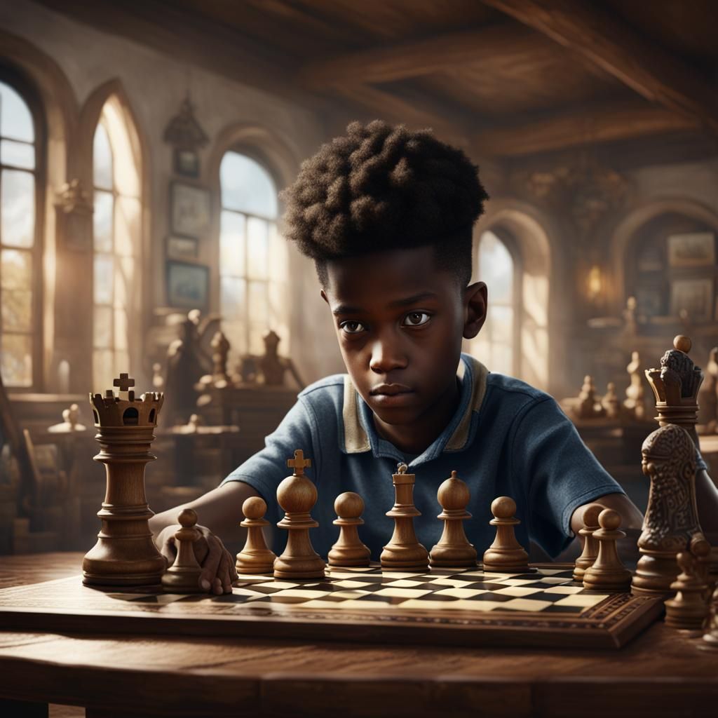 Chess Game Between Boy and Man: Detailed Digital Art