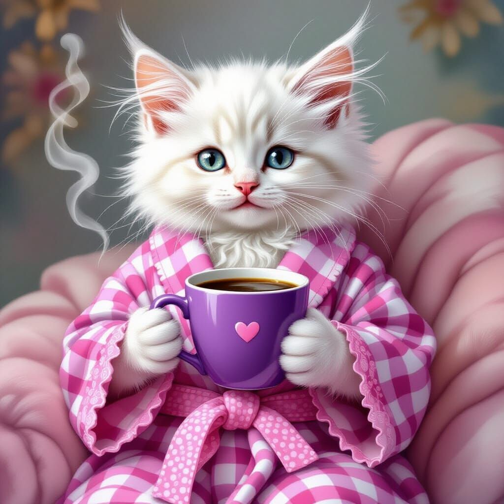 Anthropomorphic Kitten with Coffee, Hyper-Realistic Style