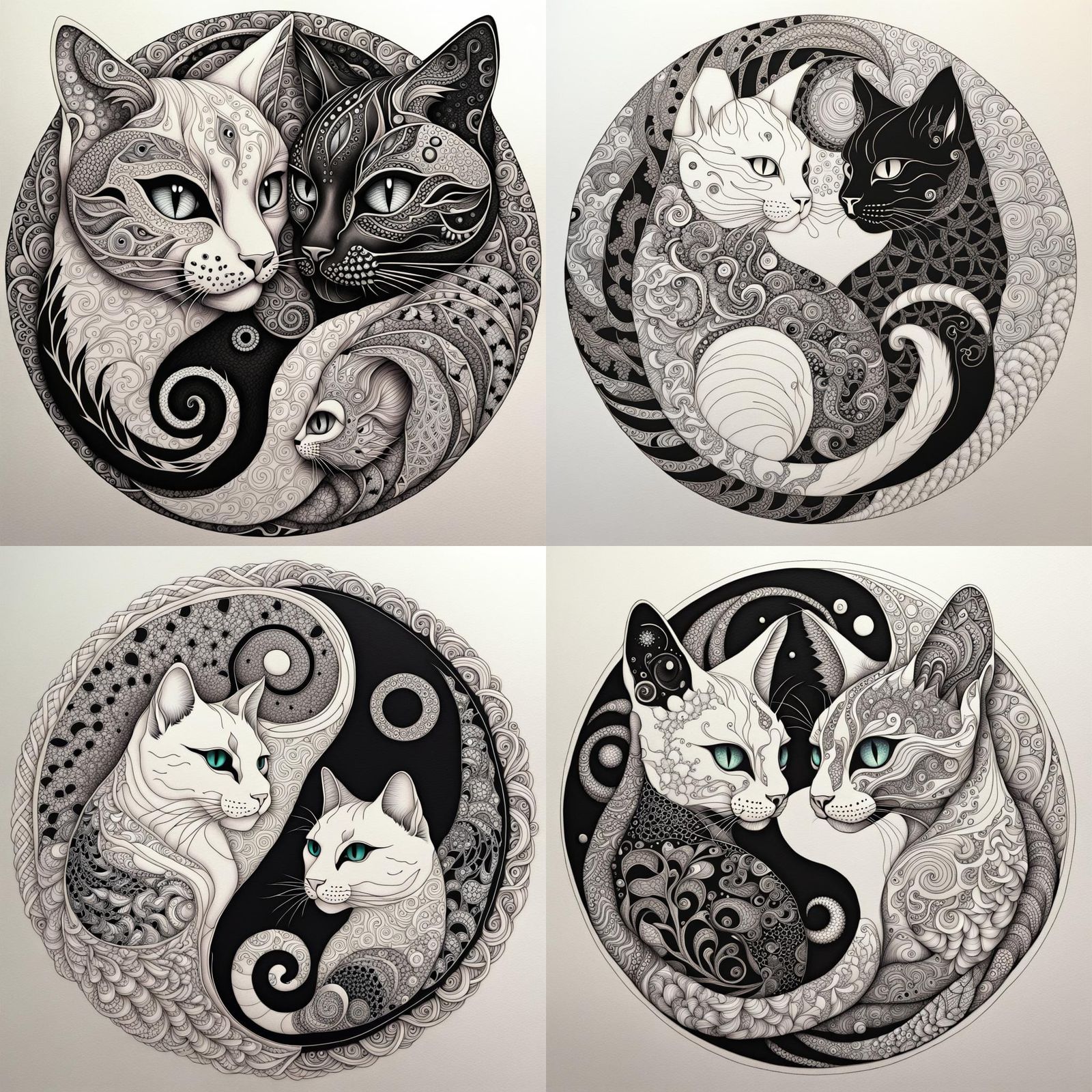 Fractal Cats Entwined in Yin-Yang Zentangle