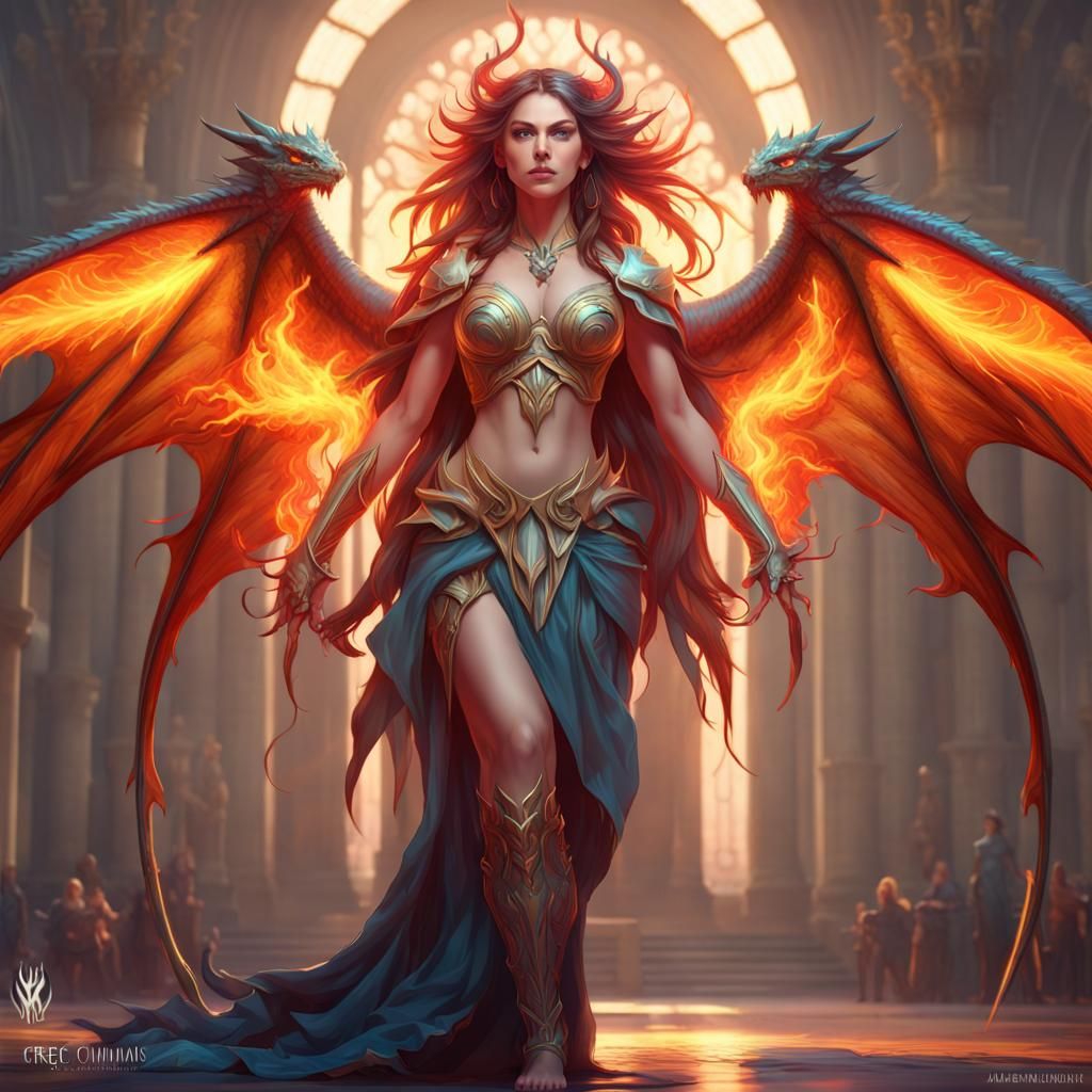Dragon Goddess with Flaming Wings, Hyperdetailed Digital Art