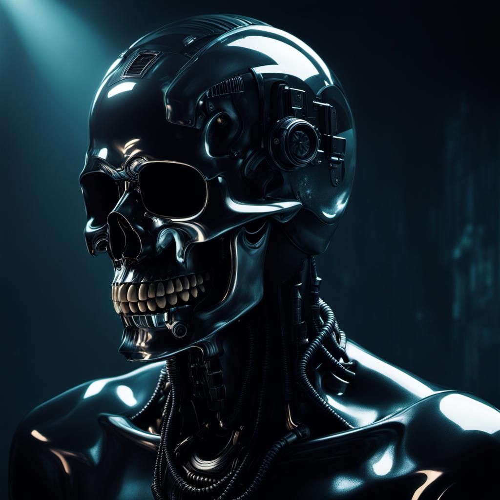 Cyberpunk Skull Android in Film Noir Double Exposure