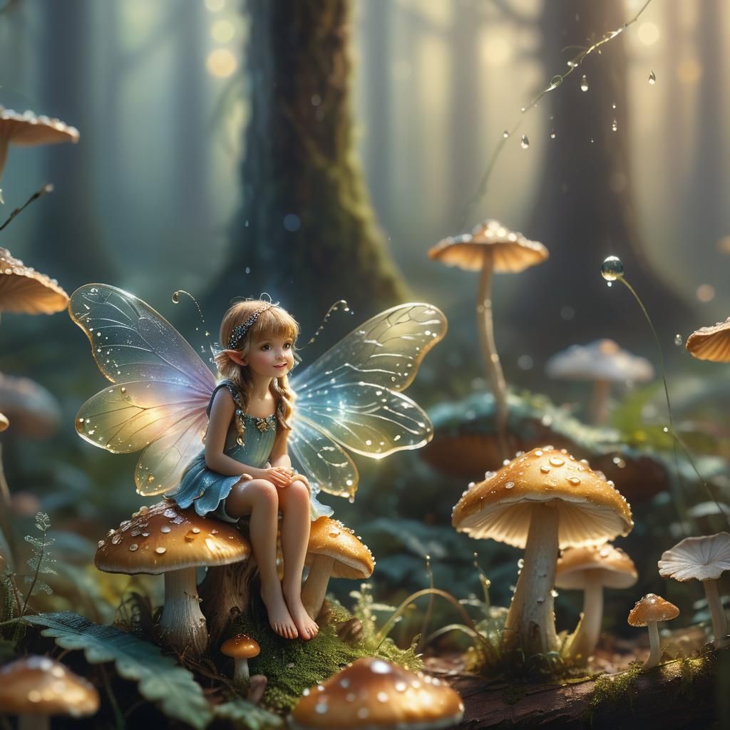 Enchanted Fairy on Mushroom in Forest, Macro Photography
