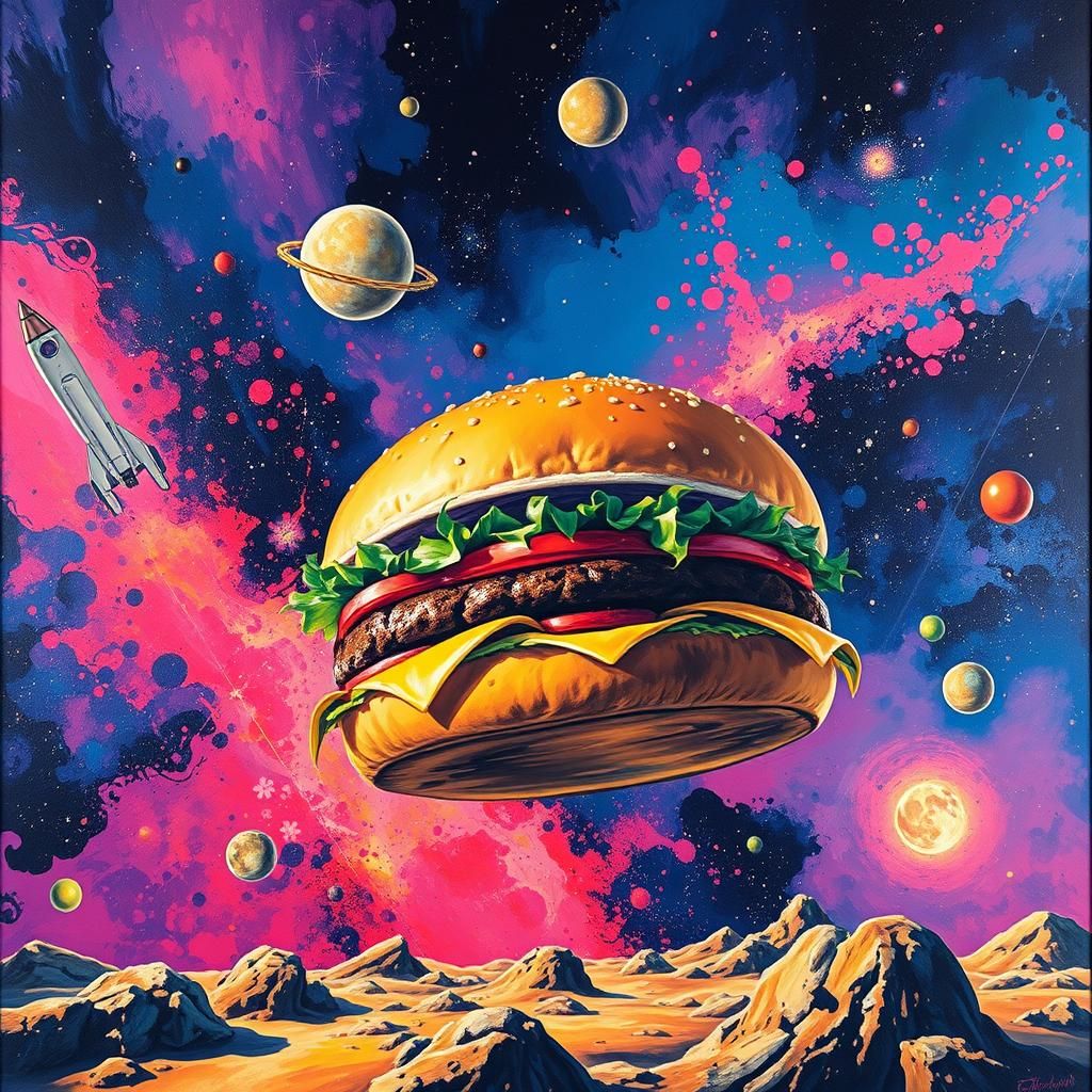 Hamburger in Galaxy: Surreal Sci-Fi Acrylic Painting