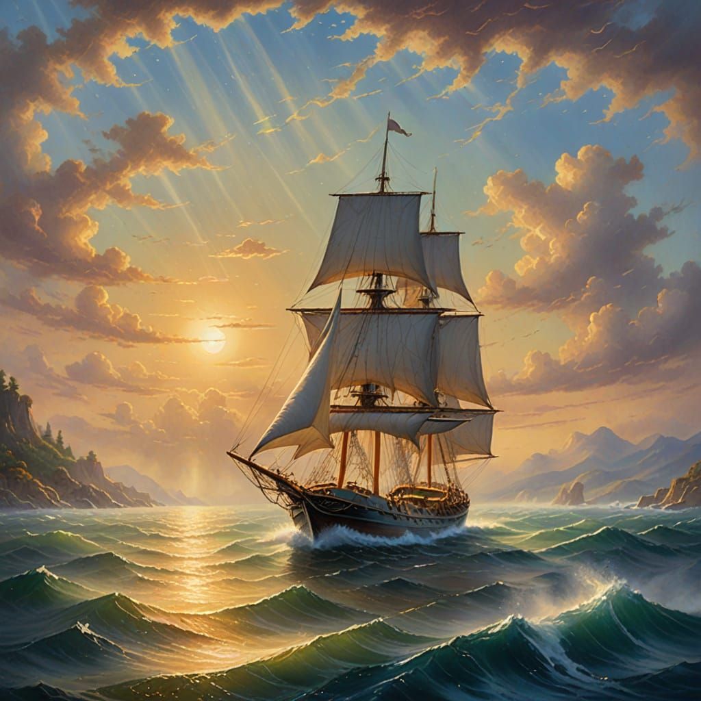 Mystical Sailboat on a Golden Sea