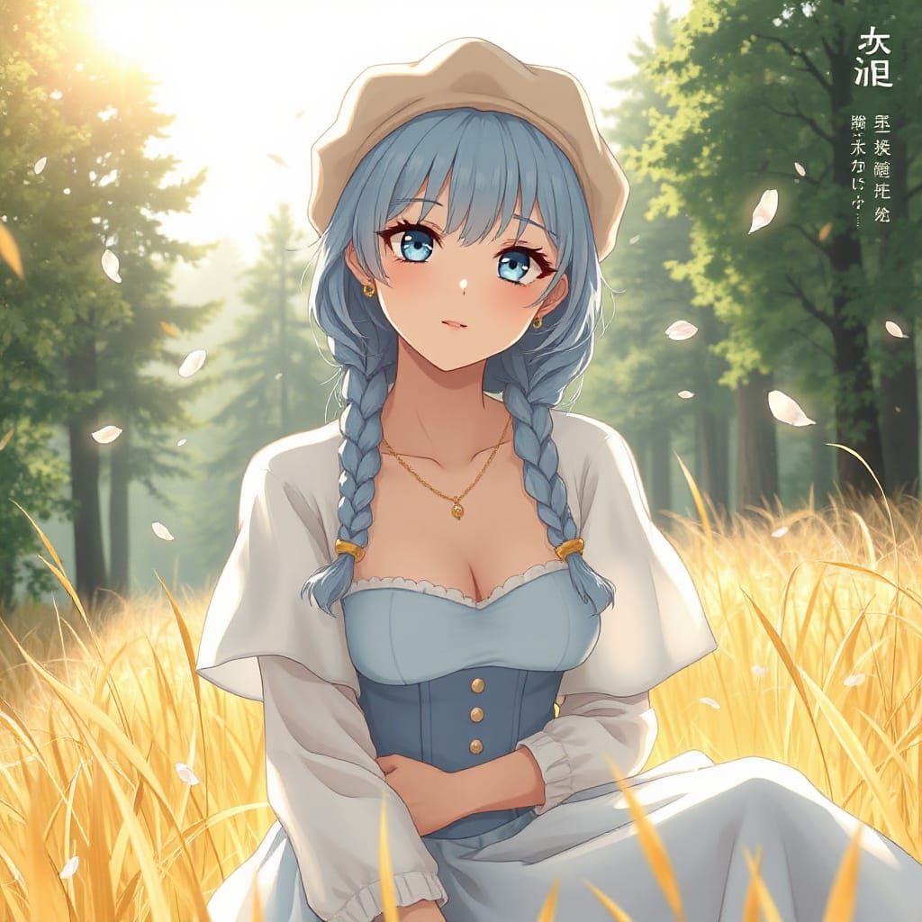 Ethereal Woman Painting in Sunlit Forest: Anime Style