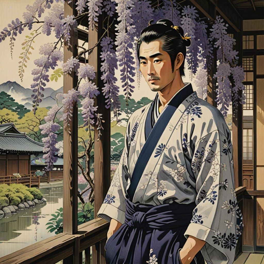 Muscled Japanese Man with Wisteria in Ukiyo-e Style